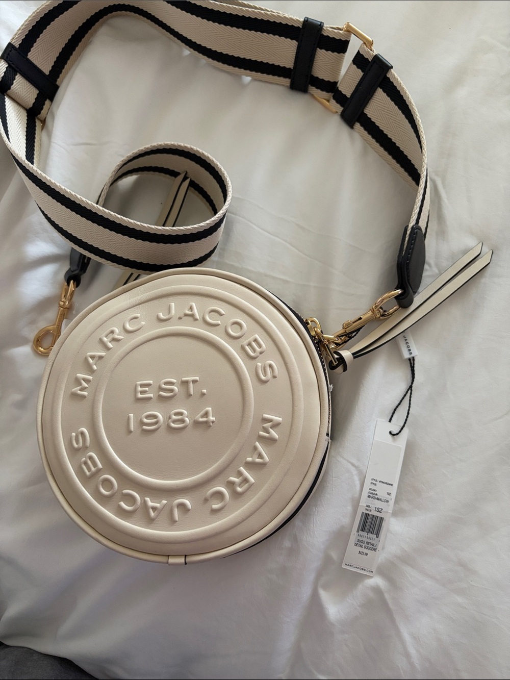 Cute! Marc Jacobs Cream Signet Circle Crossbody with Striped Strap
